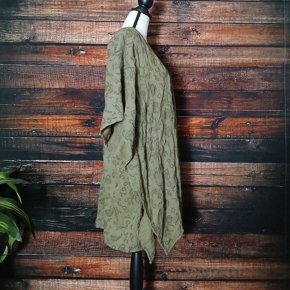 World Market One Size Open Kaftan Cardigan Embroidered Beaded Olive Green Boho - Picture 7 of 11